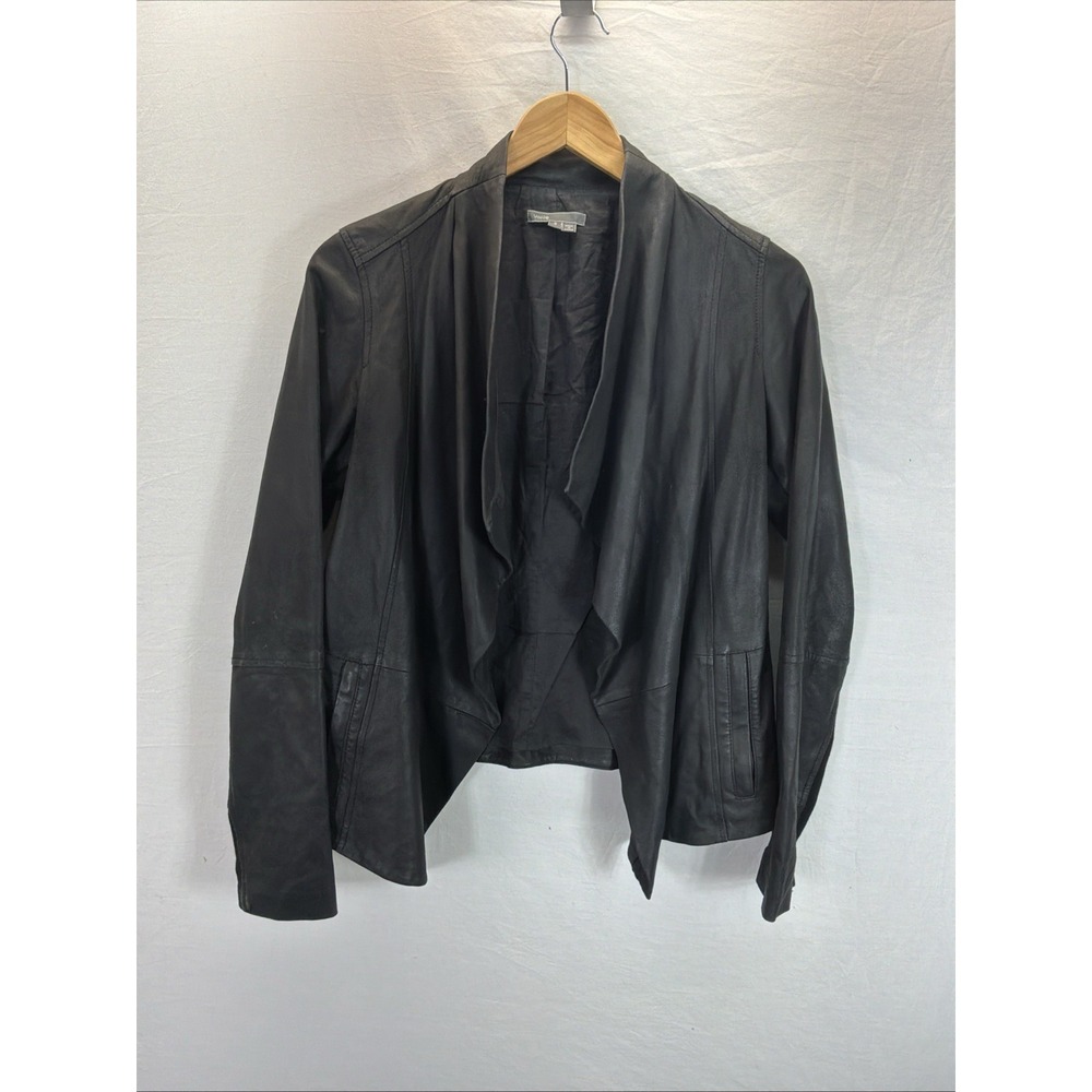 Vince Black Butter Soft Goat Leather Jacket Womens S Y2K Waterfall Open Front **